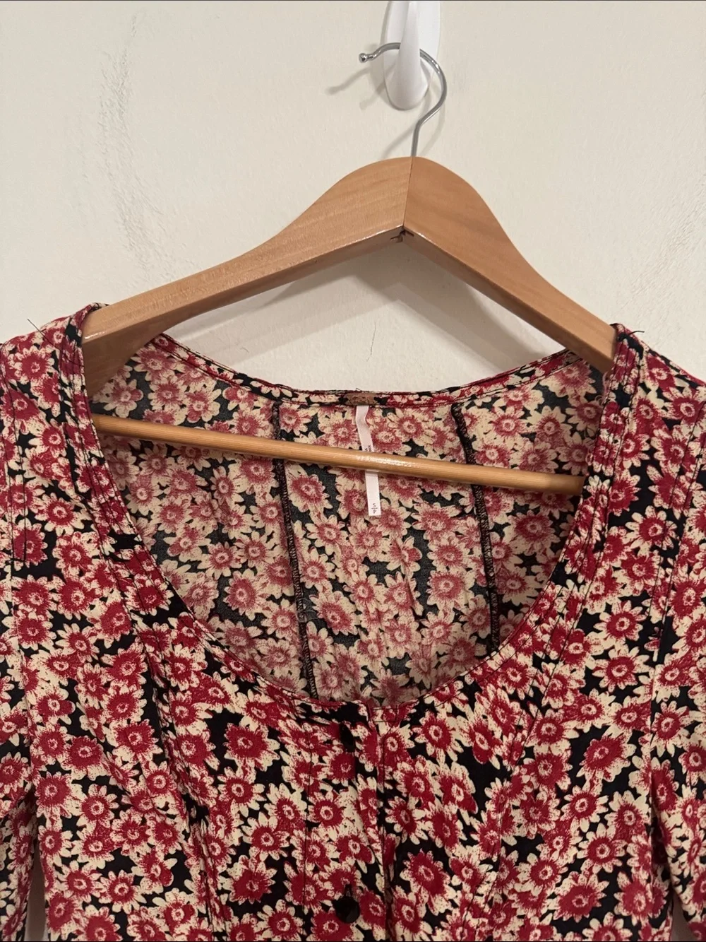 Free People Lace Up Mini Black Combo Dress Buttoned Front Ditsy Floral Print S